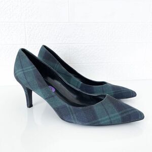 Nine West Womens Heels Plaid Evermoreo Pumps Kitten Heel Pointed Toe Blue Size 8